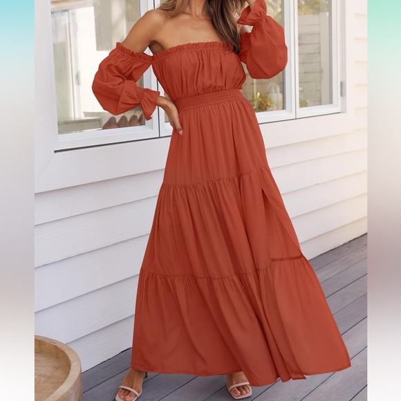 Off Shoulder Long Sleeve Smocked High Waist Side Split Flowy Long Maxi dress - Picture 3 of 7